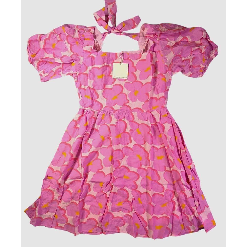 Mitto Shop Mini Dress Baby Doll Women/Jr Med Pink Floral Back Tie Zip Pockets
